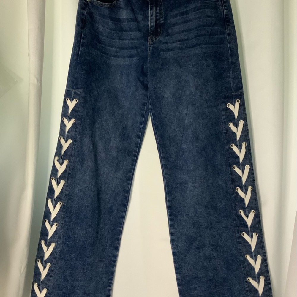 NWT High-Rise Dark Blue Flare Jeans with White Side Lace-Up Detail